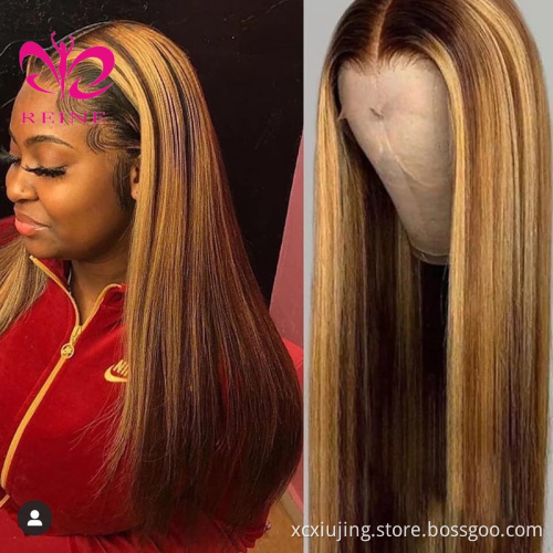 REINE  4/27 1B/27 Highlight Wig 4*4 Straight Lace Closure  Human Hair Wig Pre Plucked Ombre Piano Color